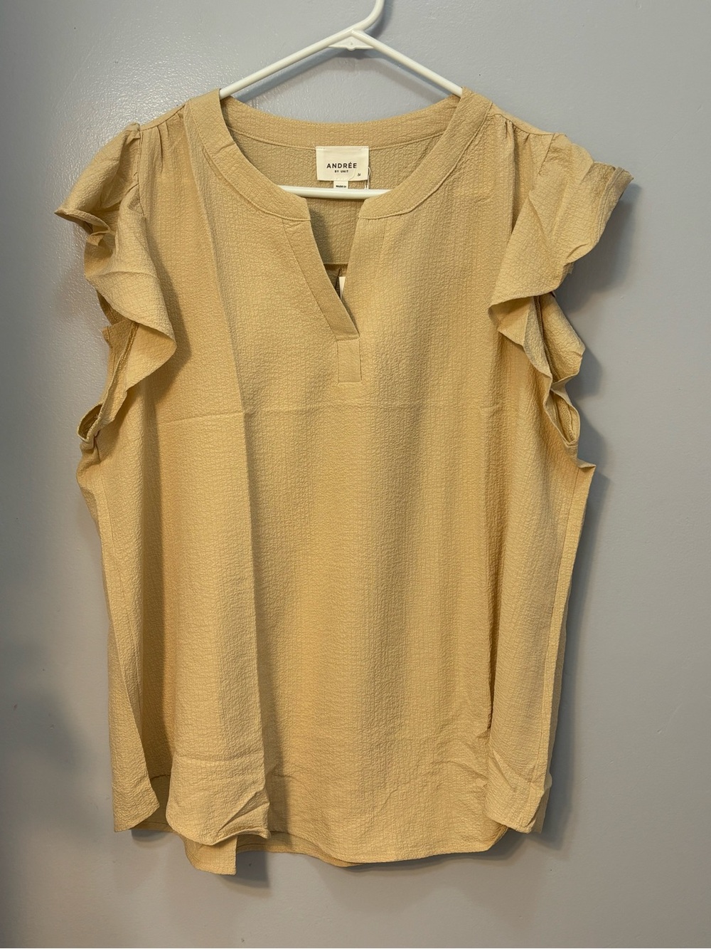 Andre by Unit Crinkle Split Neckline Flutter Sleeve Top Taupe  1X